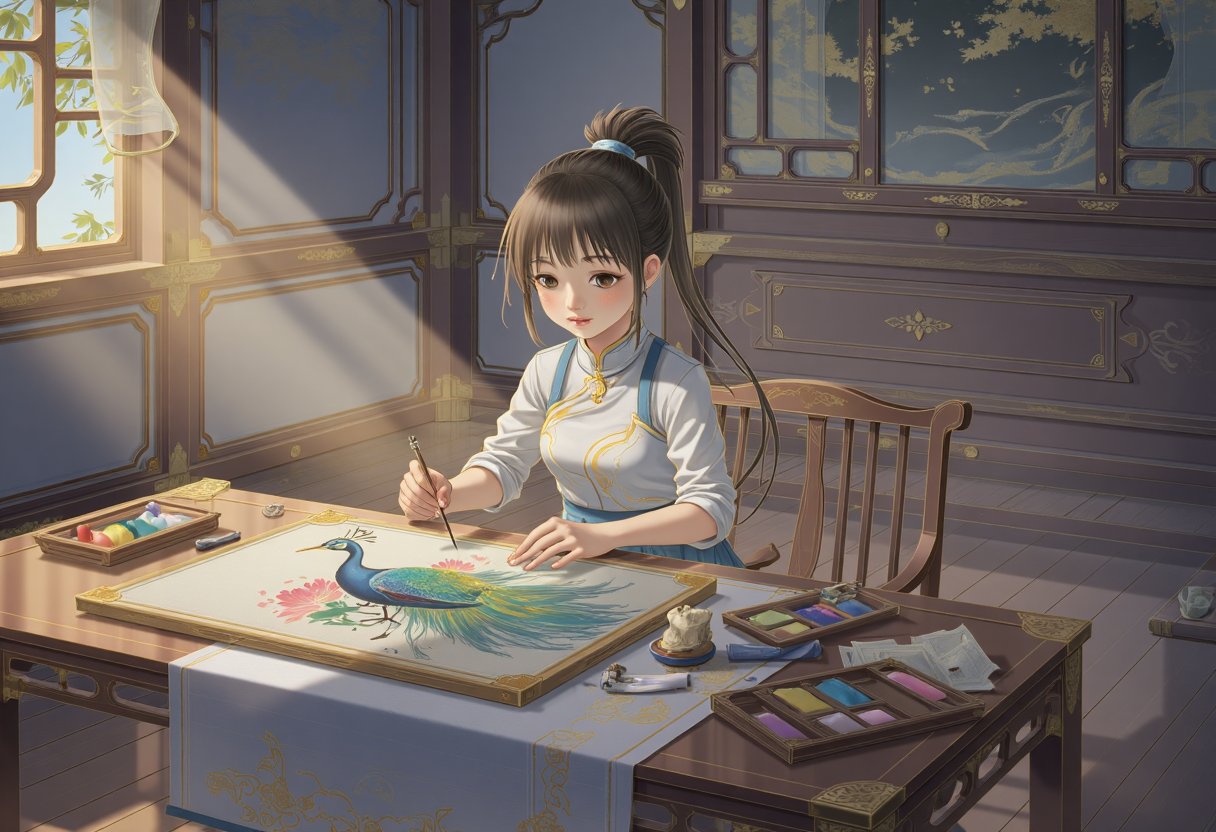 一个女孩刺绣